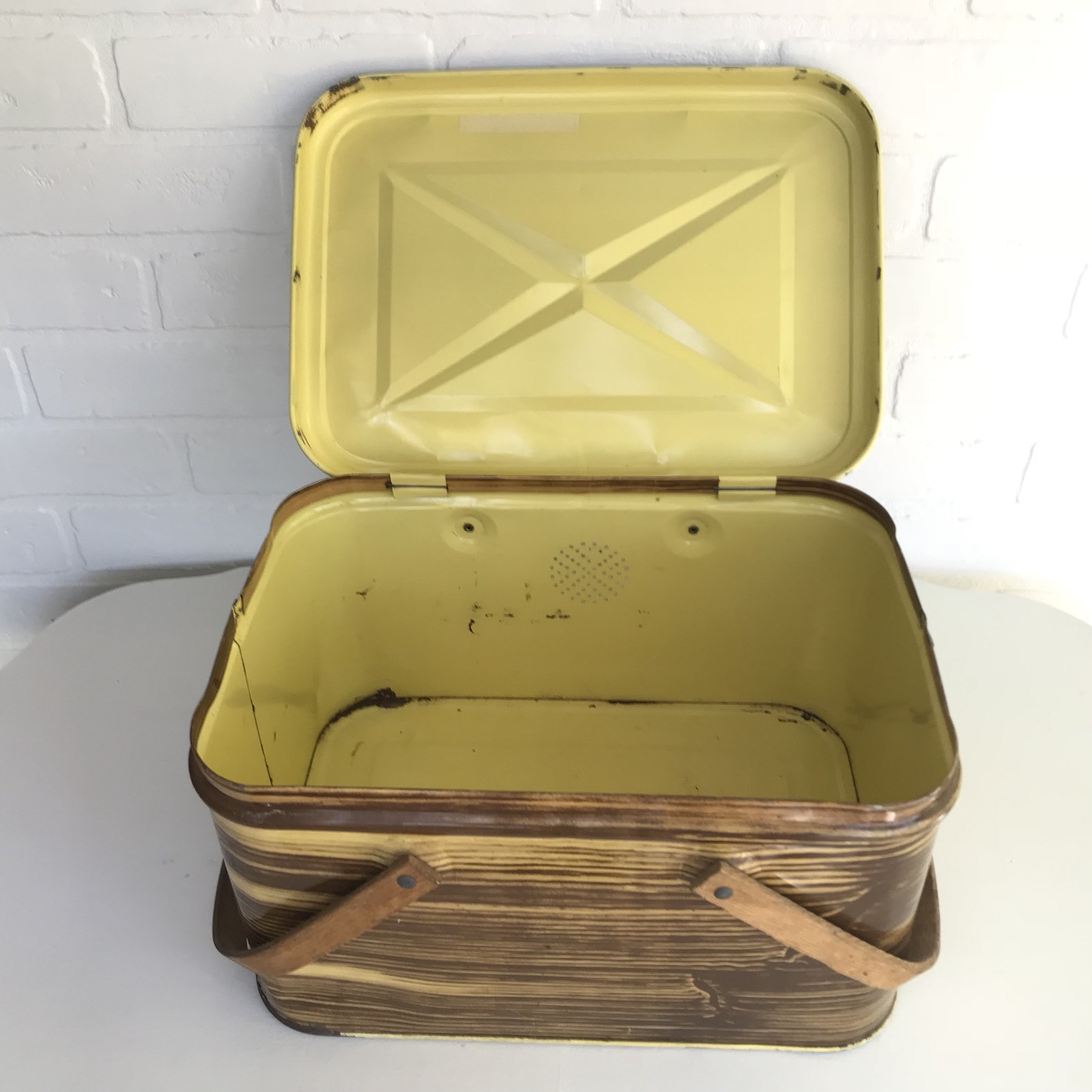 Vintage Metal Picnic Basket Wood Grain Pattern Hinged Lid Wooden Handles