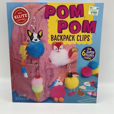 KLUTZ new Pom Pom Backpack Clips Craft Kit & Book~Makes 6 Charms~Ages 10+~