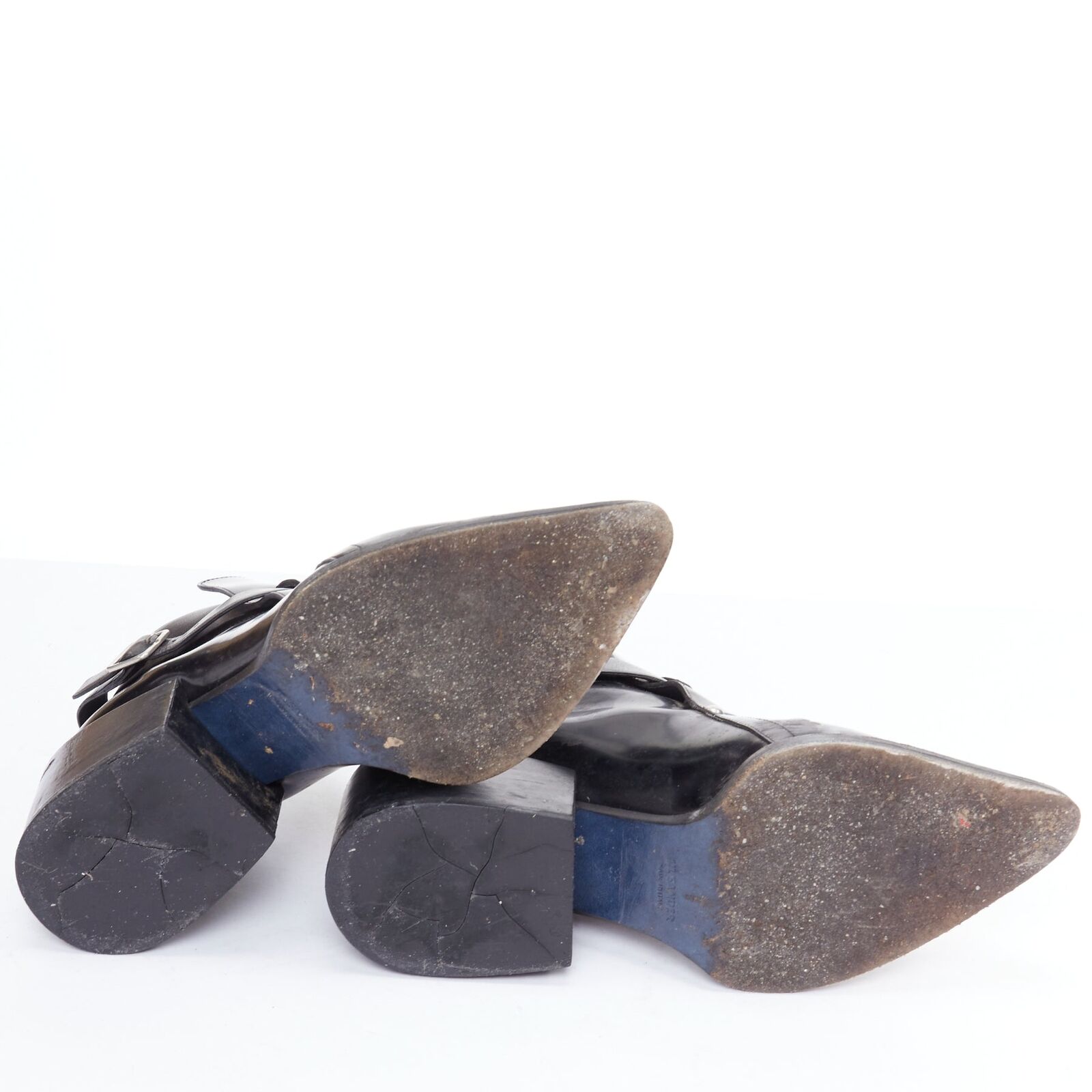 JIL SANDER black leather silver buckle block heel ankle JIL SANDER black leather silver buckle block heel ankle