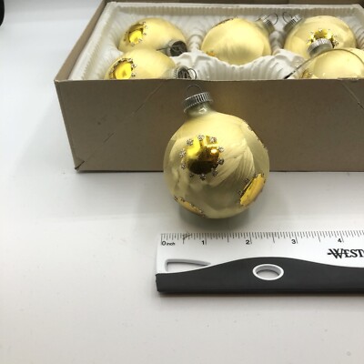 6 VTG LARISSA W GERMANY GOLD YELLOW SATIN SEQUIN GLASS CHRISTMAS ORNAMENT BOX