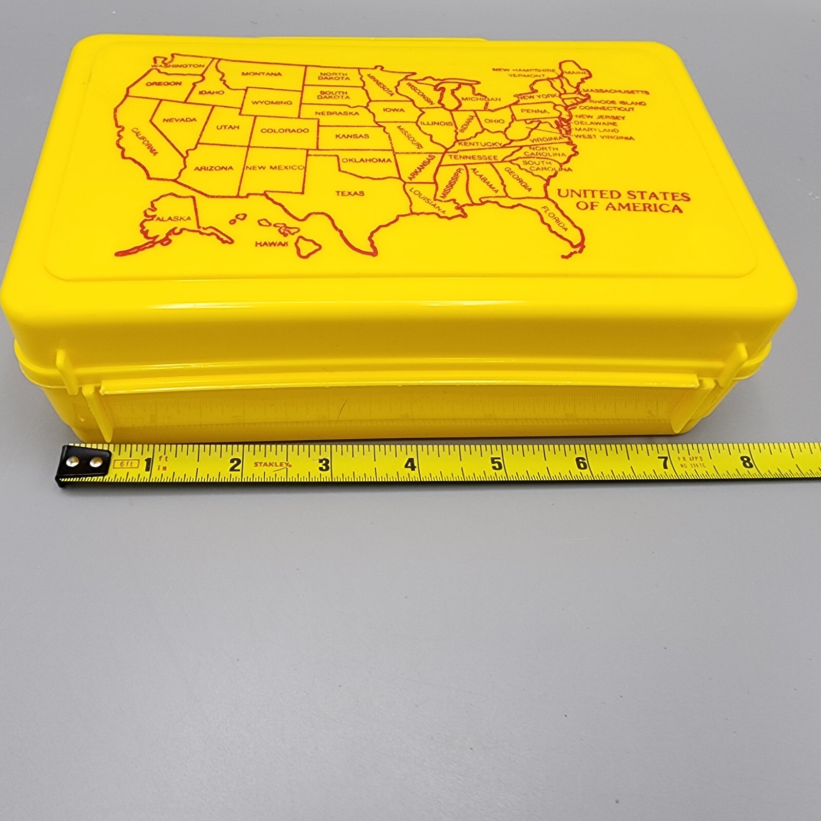 Vintage Whirley Industries Yellow Pencil Box USA Map Plastic Box 8" Kids Meal