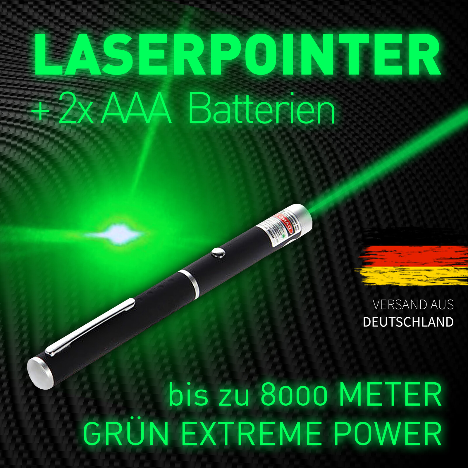 LASER POINTER GRÜN max. 8000m SEHR STARK + Batterien 1mW LASERPOINTER 532nm NEU