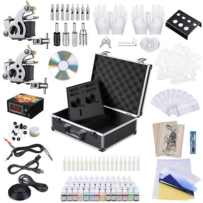 Complete Tattoo Kit 2 Machine Guns 40 Ink LCD Power Supply w/ Case for Beginners