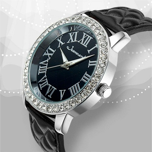 NEW Jeanneret 10054 Women's Classy/Casual Black Butterfly Crystal Bezel Watch