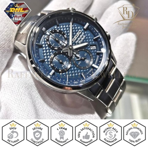 SEIKO クロノグラフ ブルー Seiko Men's SSB387 Grey Titanium Chronograph Watch with Blue