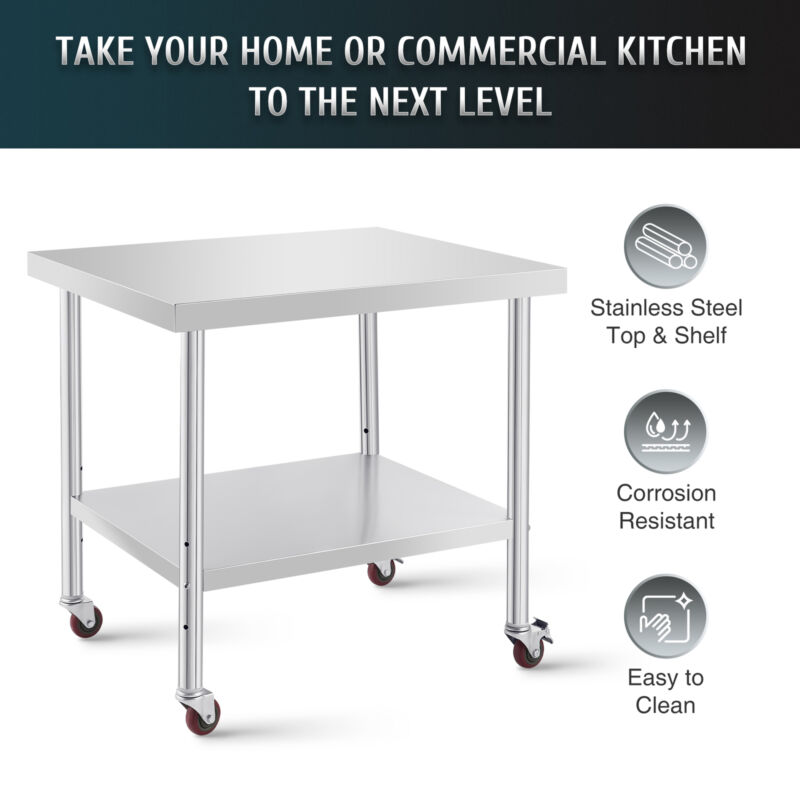 NSF Commercial Stainless Steel Work Table w Adjustable & Wheels Shelf Prep Table