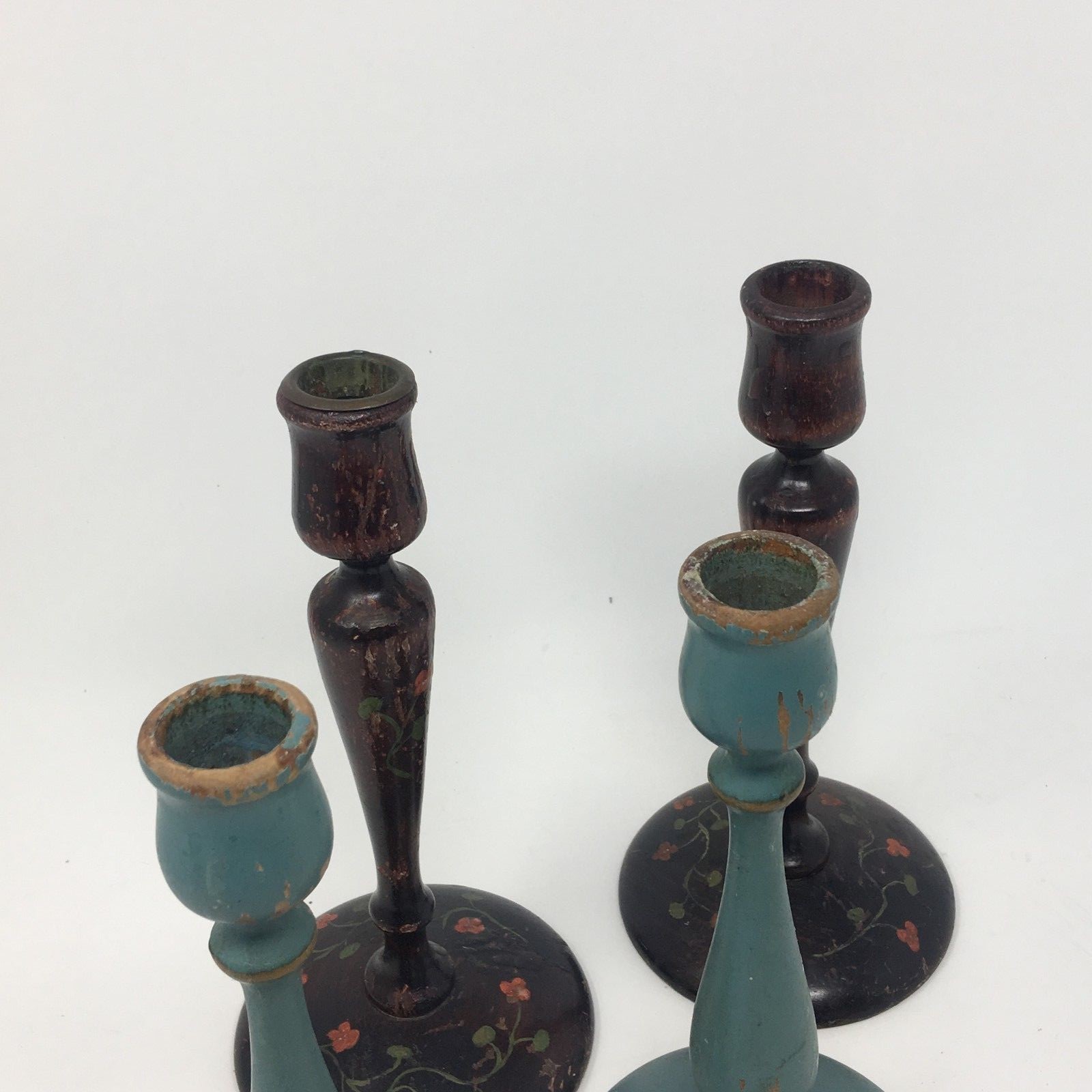 Wooden Candlestick Pair Hand Painted Vintage Farmhouse Style Decor