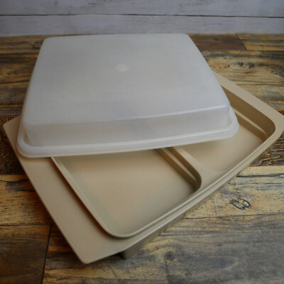 Vintage Tupperware Double Side Container Carrier Tray Beige w Lid 723-2