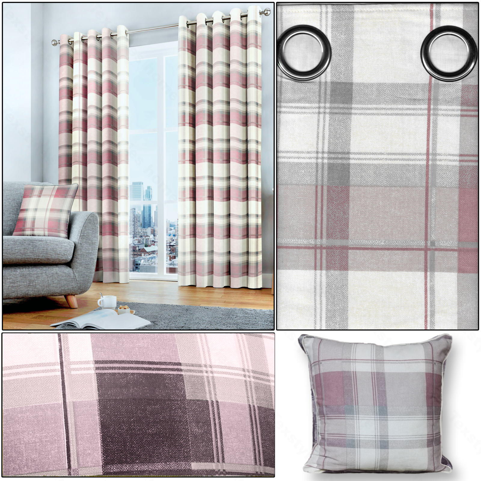 Blush Pink Curtains Balmoral Tartan Check Lined Eyelet Ring Top