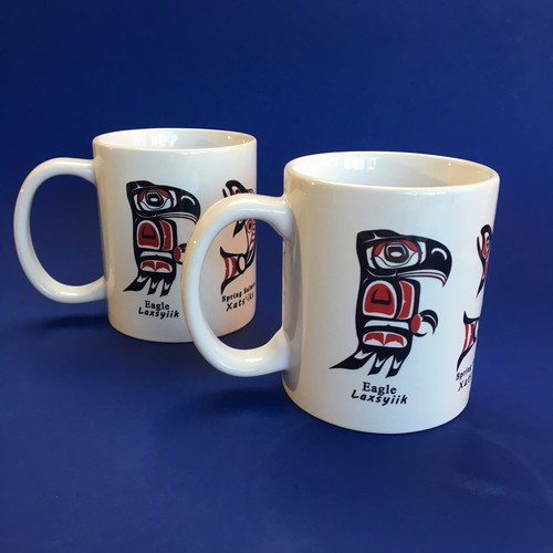 2 Coombs Canada White Pottery Coffee Mugs Whale Raven Salmon Eagle Native