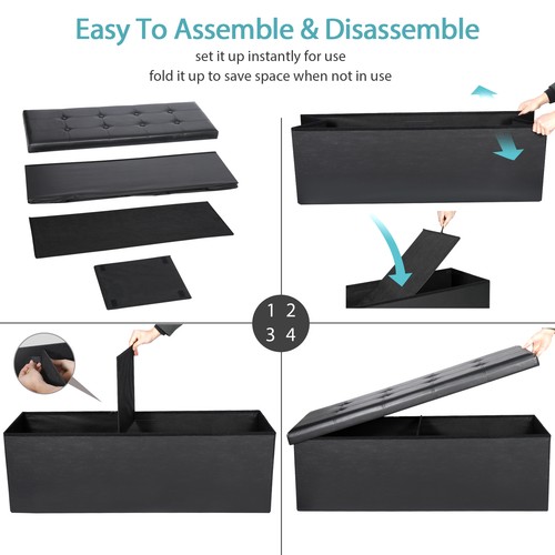 43" Folding Storage Ottoman Bench Faux Leather Footrest Chest with Divider Black