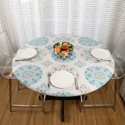 Round Vinyl Tablecloth Fitted Elastic Flannel Backed table cover Indoor/Outdoor