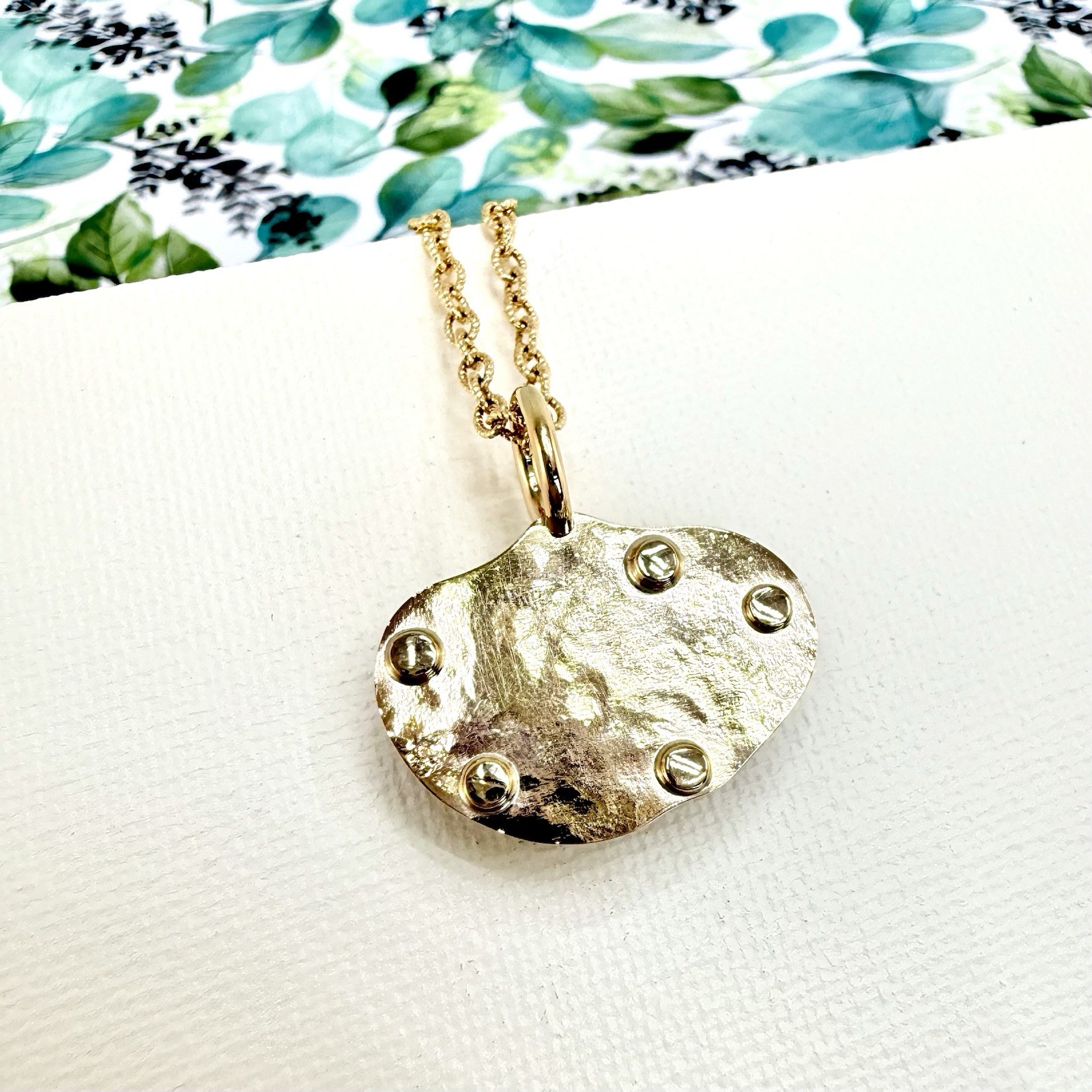14k Yellow Gold Genuine Emerald Rough Freeform Modernist Pendant, New, Unisex - Picture 7 of 11