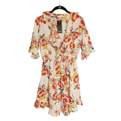 NASTY GAL VERA & LUCY Red Yellow Black Floral Print Ruffle Romper Medium NWT