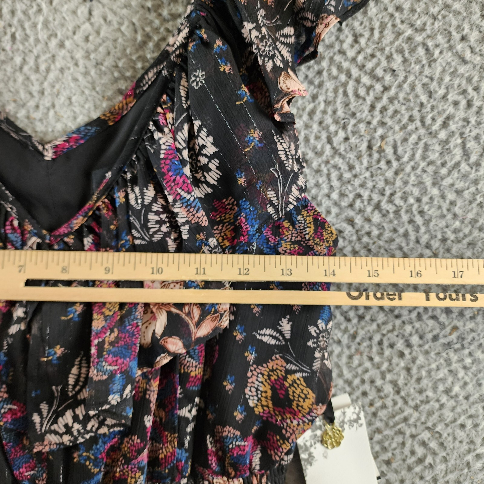 kensie V-Neck Ruffled Chiffon Midi Dress Women's 6 Black Multi Back Zip Closure - Picture 8 of 14