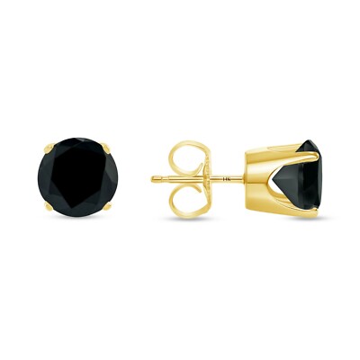 Pre-owned Shine Brite With A Diamond 3 Ct Round Cut Black Earrings Crown Set Studs Solid 14k Yellow Gold Push Back In White/colorless