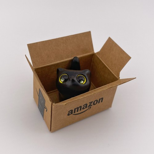 Adorable Tiny Black Wood Cat In A Box Desk Figurine
