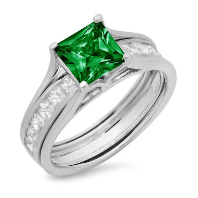 Pre-owned Pucci 3.4 Princess Cut Simulated Emerald Wedding Ring Set Sliding Solid 14k White Gold