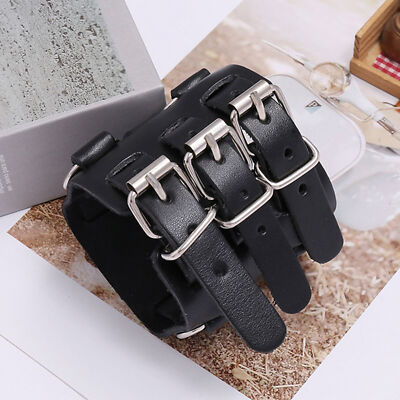 Mens Biker Studded Leather Wide Watch Band Buckle Close