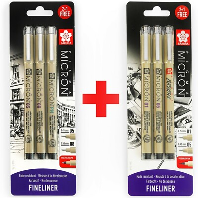6 x Sakura Pigma Micron Fineliner Pens - 0.1/0.5mm/Brush + 0.5/0.8mm/PN - Black 