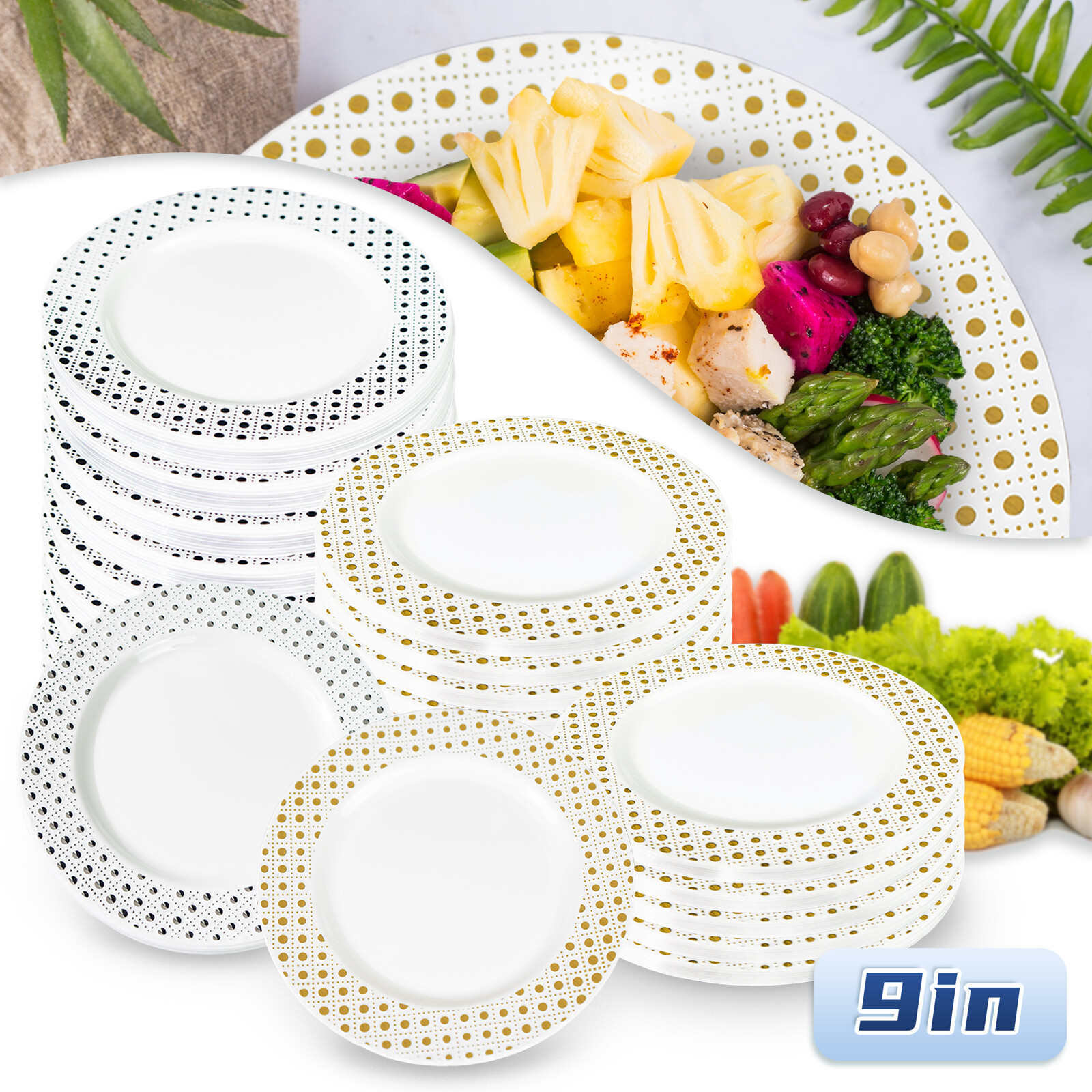 Disposable Plastic Plates Heavy Duty Dinner Plates with Gold/Silver Rim BPA Free