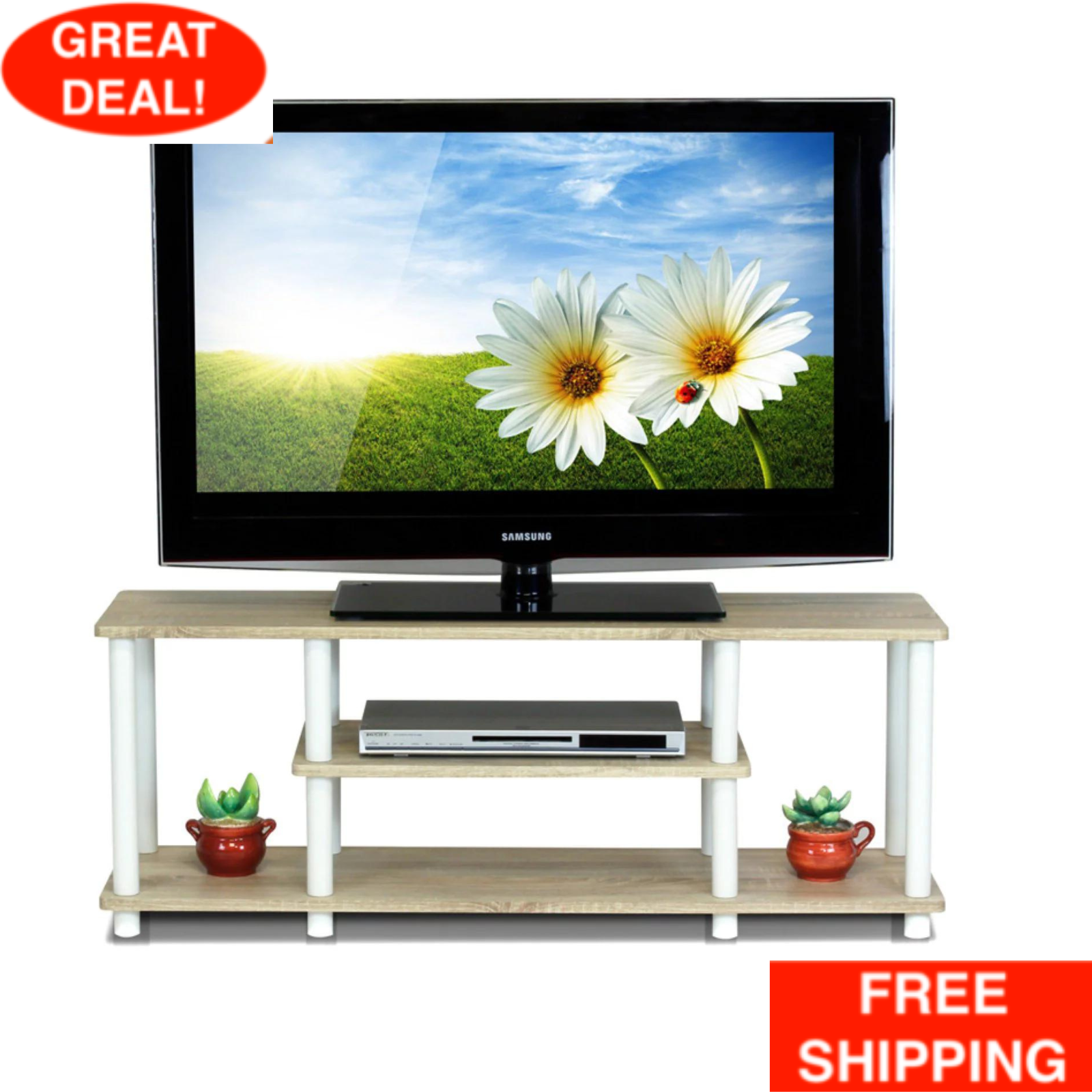 For 55 Inch Flat Screens 3-tier Entertainment Open Shelves Oak/white