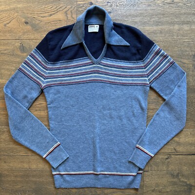 Vintage 70/80s Montgomery Ward UNION MADE Mens M Sweater Striped Pointed Collar