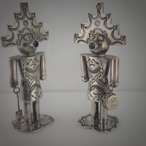 Rare Navajo Sterling pr Salt & Pepper Shakers figural & hand stamped decorations