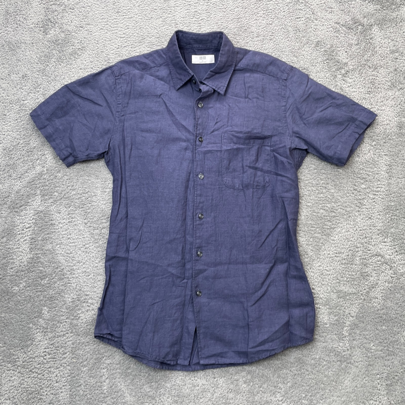 Uniqlo Shirt Mens Small Blue Linen Cotton Slim Fit Rounded Hem Button Up Casual