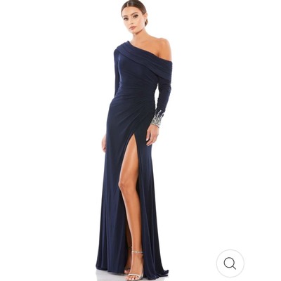 $398 Mac Duggal BEADED CUFF DROP SHOULDER FAUX WRAP GOWN NWT read missing sequin