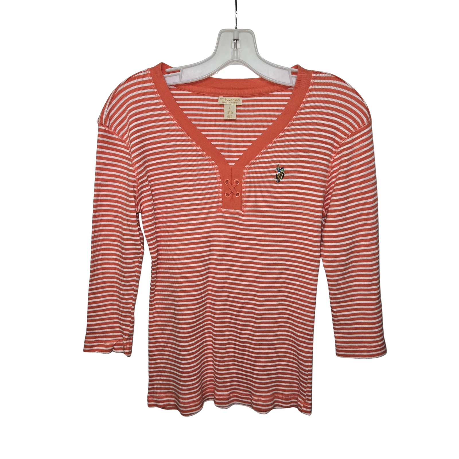 U.S. Polo Assn Y2K Orange White Striped V-Neck Henley Top 3/4 Sleeve Size S