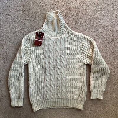 Jantzen Sweater Mens XL Vtg 100% Wool NWT Deadstock Turtle Neck Cable Knit Ivory
