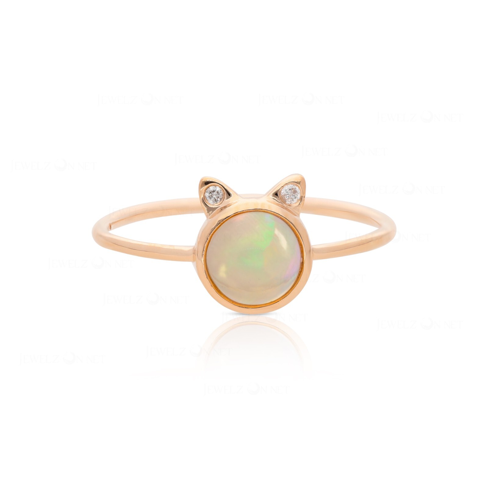 Pre-owned J.o.n 14k Gold Natural Diamond Opal Gemstone Feline (cat) Ring In White