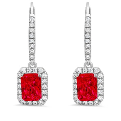 Pre-owned Pucci 5.8072 Emerald Round Halo Red Simulated Ruby Lever Back Earrings 14k White Gold