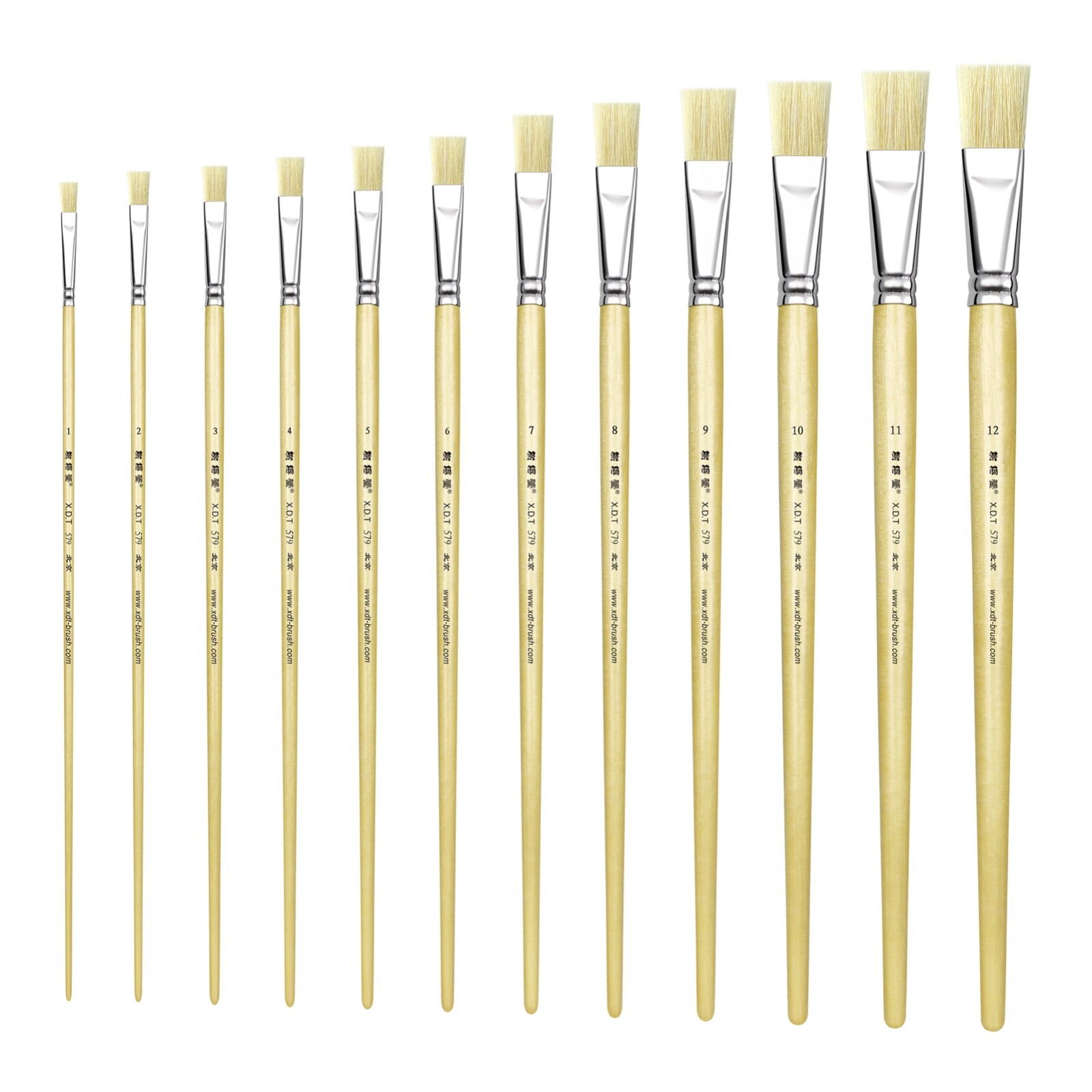 XDT#579 Flat Art Brush Set 12Pc #1#2#3#4#5#6#7#8#9#10#11#12 Hog X