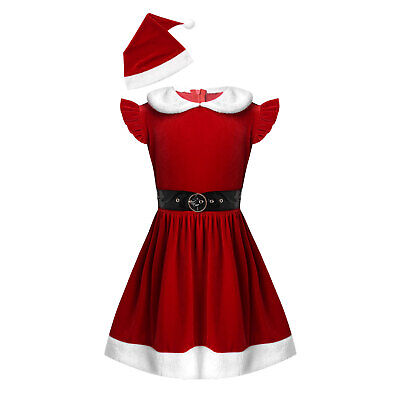 US Kid Girls Christmas Outfit Santa Claus Role Pretend Costume Velvet Dress 
