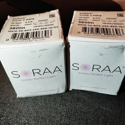 x2 SORAA Vivid 2 MR16 380lm 230V 9.5W replacement bulbs - open box