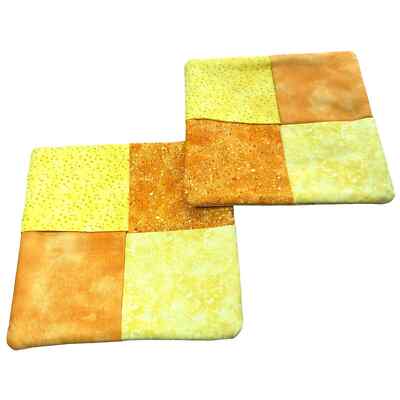 New Handmade Pair Quilted Cotton Trivets Yellow & Orange Front Yellow Reverse
