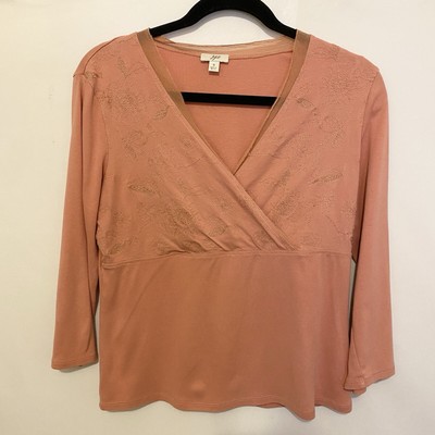 J. Jill Top Dusty Rose Pink V Neck Silk Embroidered S Cottage Dainty Coquette