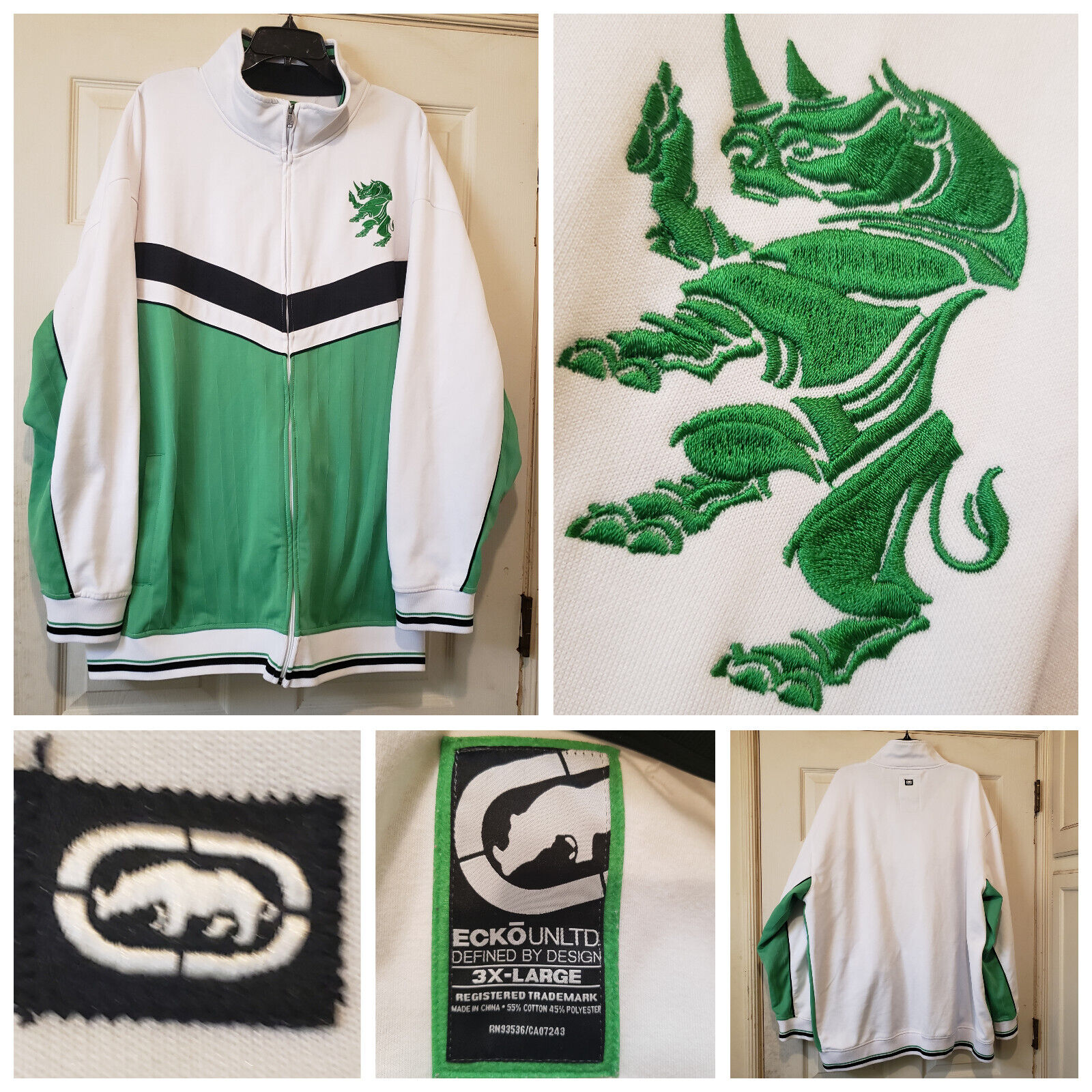 Ecko Unltd Jacket Mens 3XL White Green Track Varsity Satin Ecko Unltd Jacket Mens 3XL White Green Track Varsity Satin