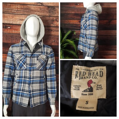 Redhead Brand Flannel Size Small Bull Creek Hooded Shirt Jacket Blue Plaid Mens