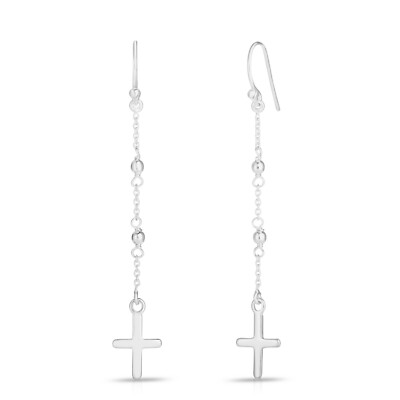Italian Made .925 Sterling Silver Rosary Cross Drop Hook Earrings For Women