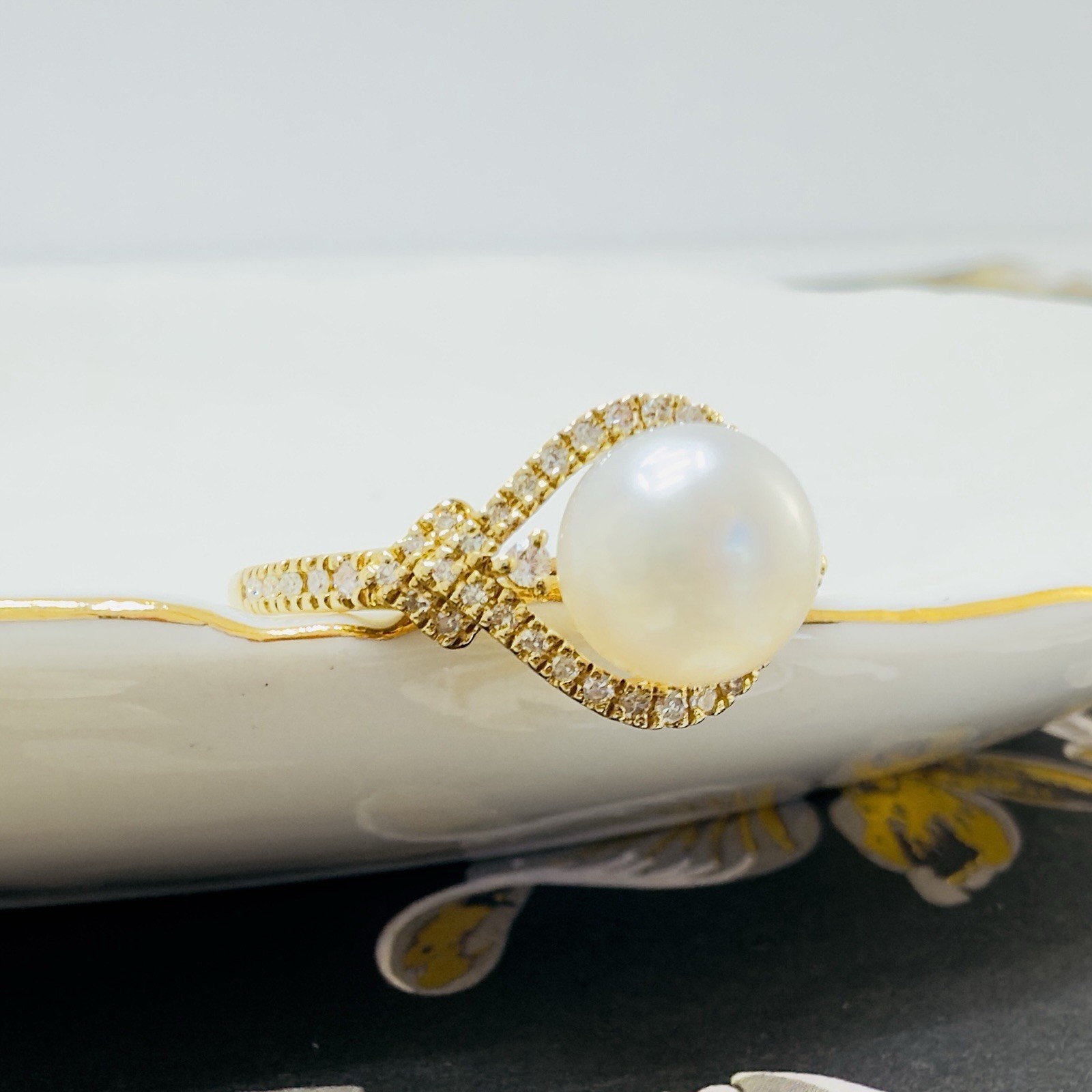 14k Yellow Gold Genuine Cultured Pearl & Diamond Halo Ring, Sz 7, New - Picture 4 of 10