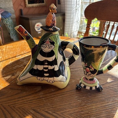 Lynda Corneille Clancy Cat & Flossie Bird Ceramic Teapot & Mug SWAK Whimsical
