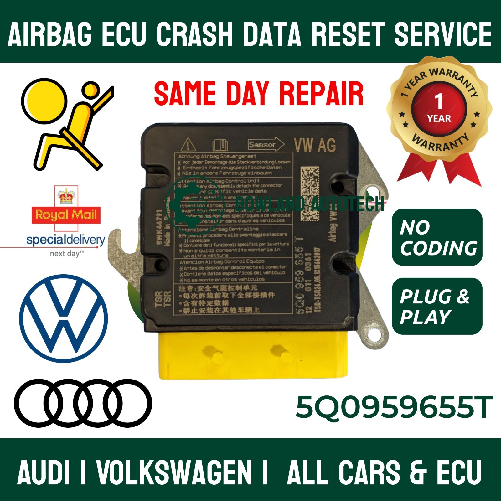 VW Golf  Audi 5Q0959655T Airbag ECU Crash Data Reset Service –SRS Module Repair