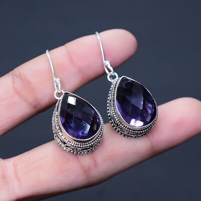 Faceted Amethyst Gemstone 925 Sterling Silver Jewelry Women's Earrings c285