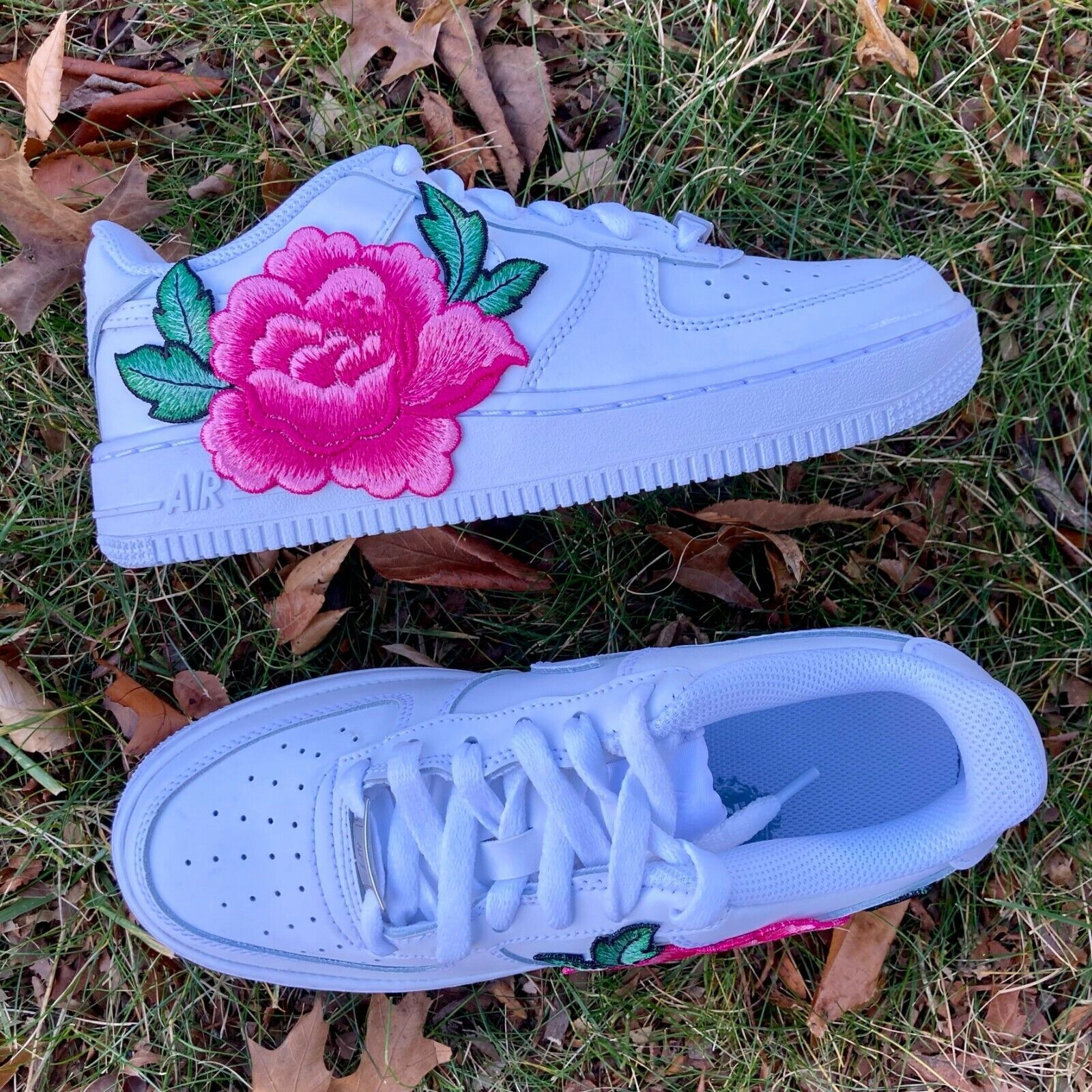 Pre-owned Nike Air Force 1 Low Custom White Shoes Pink Rose Embroidery Floral Mens Womens