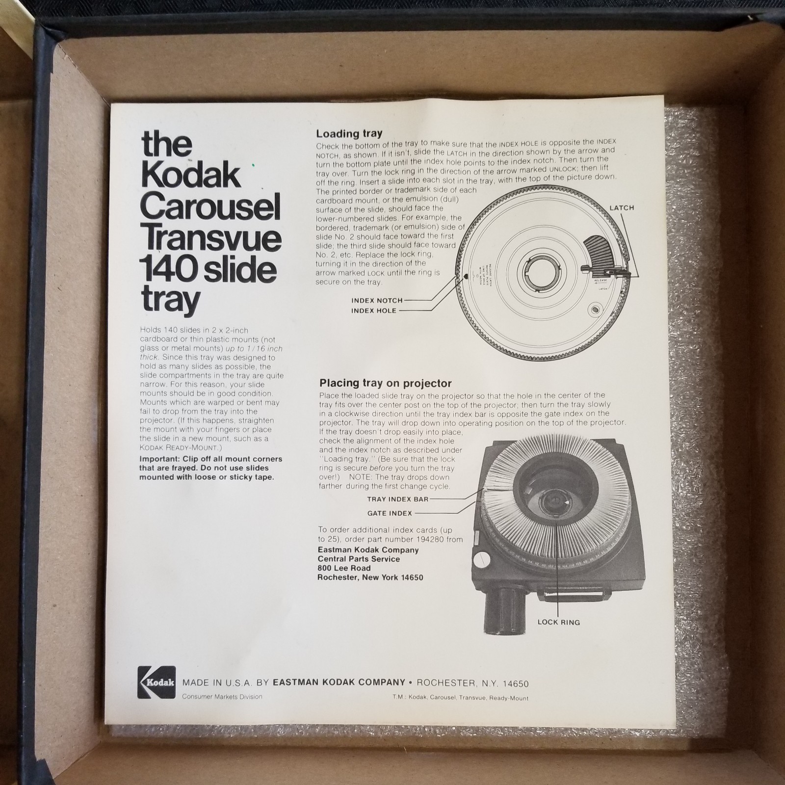 Vintage Kodak carousel transvue 140 slide tray w/ box and paper insert