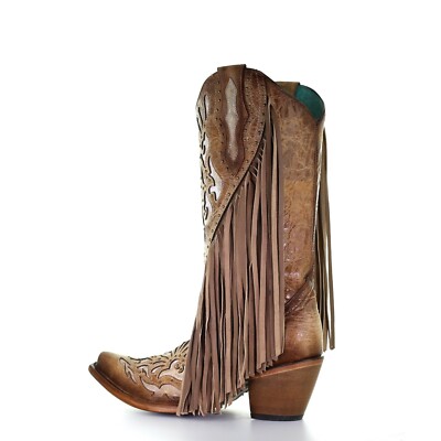 Pre-owned Corral Boots Corral Ladies Saddle Brown Lamb Inlay Embroidery & Fringe Boots C3766