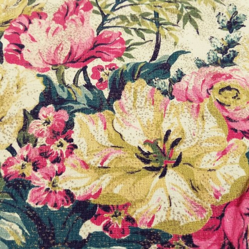 VTG Barkcloth Remnants Pink Gold Floral on Ivory Background 37x42, 13x17 Vintage